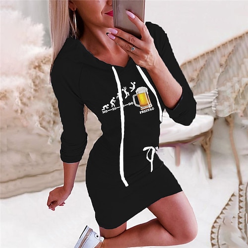 

Women's Hoodie Dress Bodycon Short Mini Dress Black Long Sleeve Print Letter Print Fall Winter Hooded Fashion 2022 S M L XL XXL 3XL