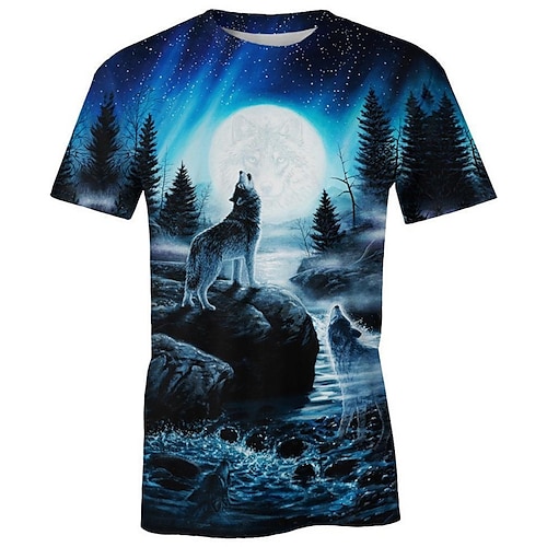 

Men's Unisex T shirt Tee Animal Wolf Graphic Prints Crew Neck Blue Orange 3D Print Outdoor Street Short Sleeve Print Clothing Apparel Sports Designer Classic Big and Tall / Summer / Summer