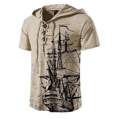

Men's Unisex T shirt Tee Graphic Prints Hooded Khaki Short Sleeve 3D Print Sailboat Outdoor Street Lace up Print Tops Basic Sports Designer Casual