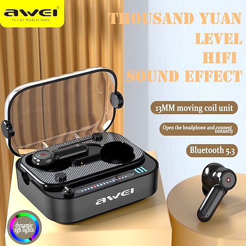 

Awei T58 V5.3 LED Battery Display True Wireless Stereo Earbuds HiFi Sound No Delay DNS Clear Call Waterproof IPX6 Lightweight Earbuds Type-c Charge for Phones