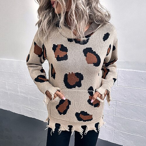 

Women's Sweater Jumper Crochet Knit Pocket Knitted Leopard Hooded Stylish Casual Daily Going out Fall Winter Green White S M L / Long Sleeve