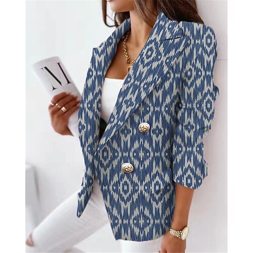 

Women's Blazer Breathable Office Work Daily Wear with Pockets Print Double Breasted Turndown OL Style Formal Modern Office / career Geometric Regular Fit Outerwear Long Sleeve Winter Fall Blue S M L