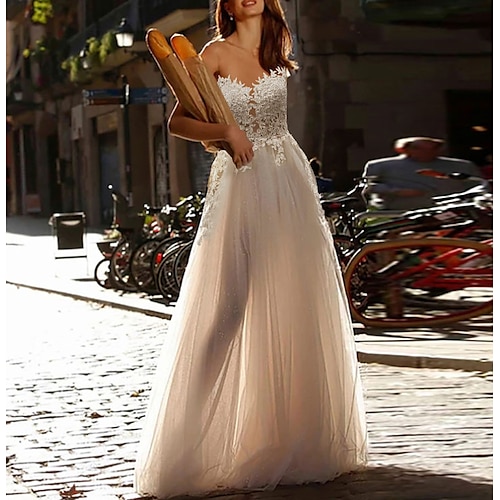 

A-Line Wedding Dresses Jewel Neck Floor Length Lace Tulle Sleeveless Beach Sexy See-Through with Pleats Appliques 2022