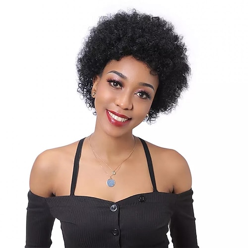 

Remy Human Hair Wig Short Afro Curly Pixie Cut Natural Black Adjustable Natural Hairline For Black Women Machine Made Capless Mongolian Hair All Natural Black #1B 6 inch Daily Wear Party & Evening