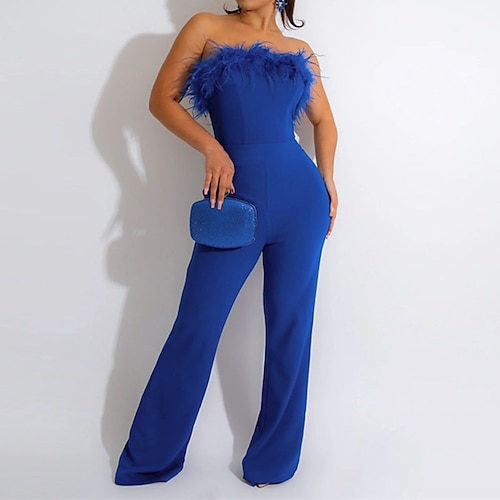 

Women's Jumpsuit Backless High Waist Solid Color Strapless Elegant Party Going out Regular Fit Sleeveless Blue White S M L Winter