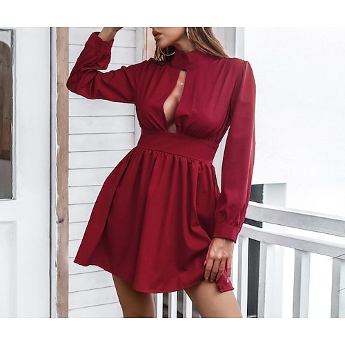 

Women's A Line Dress Casual Dress Short Mini Dress White Black Wine Long Sleeve Pure Color Pleated Patchwork Fall Winter High Neck Stylish Fashion Modern 2022 S M L XL / Summer