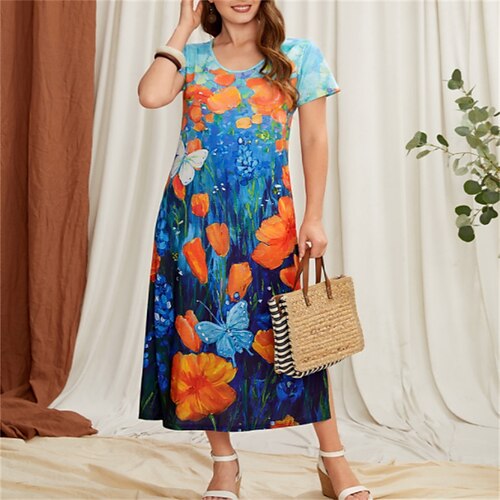 

Women's A Line Dress Midi Dress Light Blue Short Sleeve Floral Print Summer Crew Neck Casual 2022 S M L XL 2XL