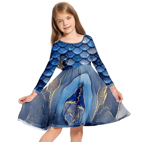 

Kids Little Girls' Dress Graphic Patterned A Line Dress Daily Holiday Vacation Print Blue Above Knee Long Sleeve Casual Cute Sweet Dresses Fall Winter Regular Fit 3-10 Years