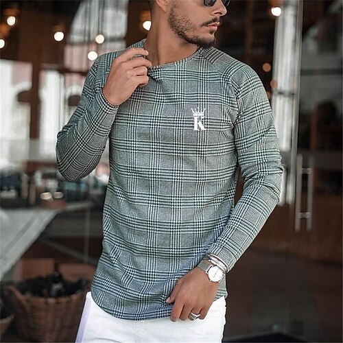 

Men's Unisex T shirt Tee Letter Graphic Prints Tartan Crew Neck Dark Gray Long Sleeve 3D Print Outdoor Street Print Tops Sports Casual Classic Big and Tall / Spring / Fall
