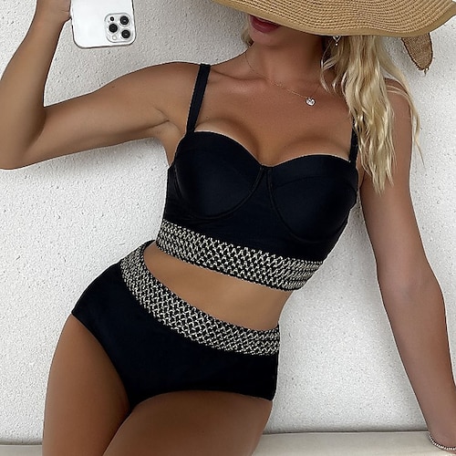 

Women's Swimwear Bikini 2 Piece Normal Swimsuit Backless High Waisted Lines / Waves Black V Wire Bathing Suits New Vacation Sexy / Modern