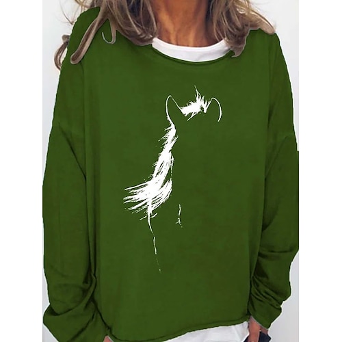 

Women's Pullover Basic Casual Print Green Black Khaki Animal Horse Loose Fit Casual Crew Neck Long Sleeve S M L XL XXL 3XL