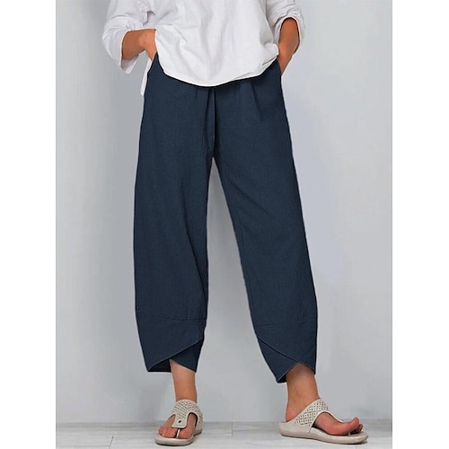 

Women's Chinos Pants Trousers Linen / Cotton Blend Green khaki Navy Blue Mid Waist Fashion Casual Weekend Side Pockets Ankle-Length Comfort Plain S M L XL 2XL / Loose Fit