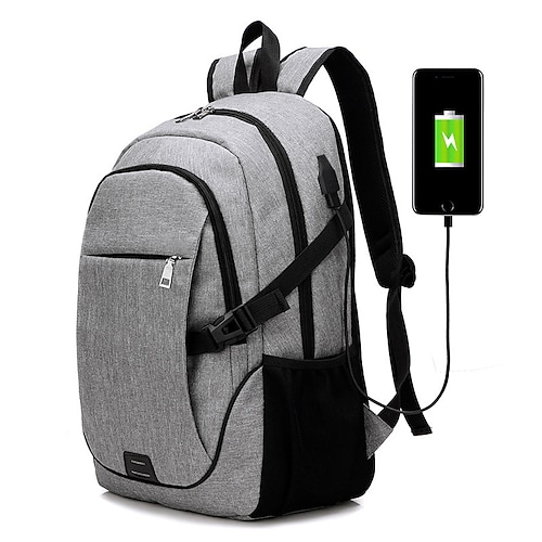 

Men's Backpack School Bag Rucksack Functional Backpack PU Leather Oxford Cloth Large Capacity USB Port Zipper Sports Outdoor Black Gray