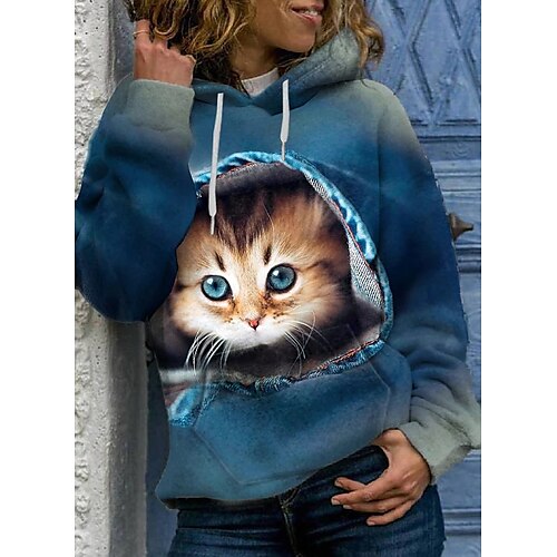 

Women's Pullover Hoodie Sweatshirt Cat 3D 3D Front Pocket Print Daily Sports 3D Print Active Streetwear Hoodies Sweatshirts Black And White White Black
