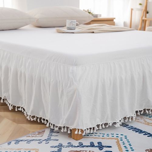 

Wrap Around Bed Skirts for Beds,Elastic Dust Tassel Decoration Easy Fit Wrinkle Fade Resistant Cotton Fabric Solid Machine Washable