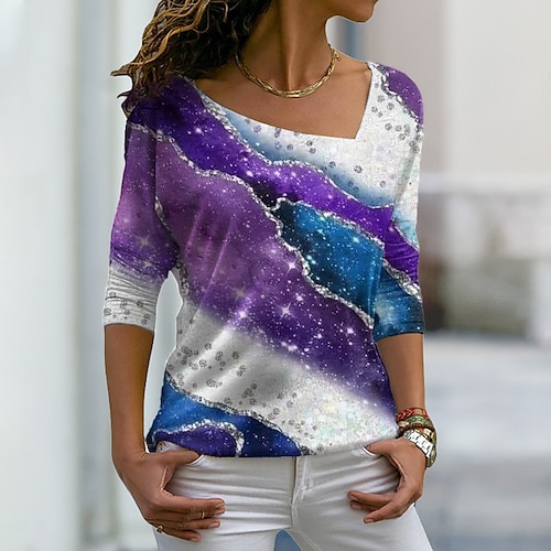 

Women's T shirt Tee Graphic Patterned Casual Weekend Abstract Painting T shirt Tee Long Sleeve Print V Neck Basic Purple S / 3D Print