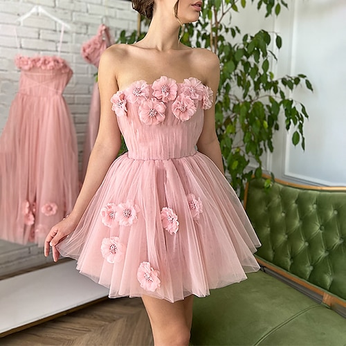 

A-Line Homecoming Dresses Sexy Dress Party Wear Short / Mini Sleeveless Strapless Tulle with Appliques Pure Color 2022