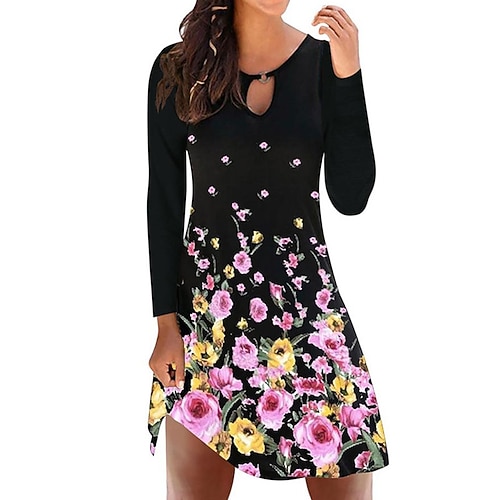 

Women's A Line Dress Floral Dress Short Mini Dress White Black Gray Dark Blue Long Sleeve Floral Print Fall Winter Round Neck Casual 2022 S M L XL XXL / Cotton / Casual Dress