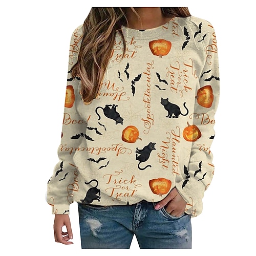 

Women's Sweatshirt Pullover Crew Neck Cat Pumpkin Bat Front Pocket Print Halloween Weekend 3D Print Active Streetwear Clothing Apparel Hoodies Sweatshirts Gray Purple