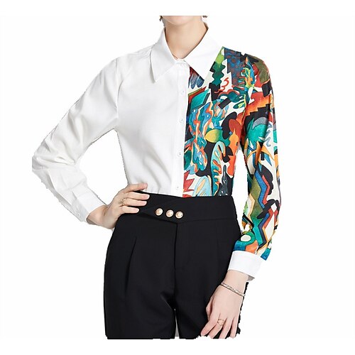 

Women's Shirt Blouse White Graphic Print Long Sleeve Casual Daily Vintage Casual Shirt Collar Geometric M