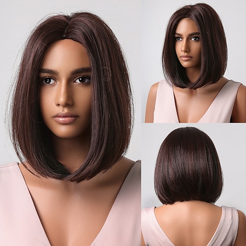 

HAIRCUBE 12 Inch Short Straight Bob Wigs Ombre Brown Natural Synthetic Hair for Women Daily