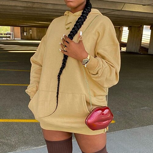 

Women's Hoodie Dress Shift Dress Short Mini Dress Khaki Long Sleeve Print Pocket Print Fall Winter Hooded Casual Modern Loose 2022 S M L XL / Casual Dress