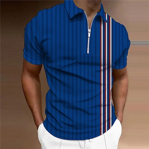 

Men's Collar Polo Shirt Golf Shirt Striped Turndown Blue 3D Print Outdoor Street Short Sleeves Zipper Print Clothing Apparel Fashion Designer Casual Breathable / Summer / Spring / Summer