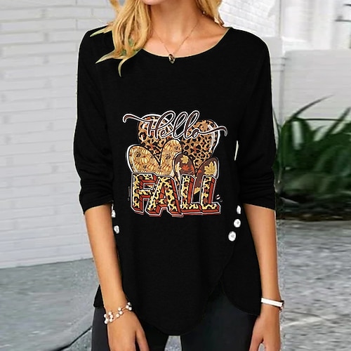 

Women's T shirt Tee Heart Leopard Casual Weekend Painting Couple T shirt Tee Long Sleeve Print Round Neck Basic White Black Gray S