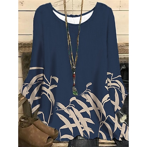 

Women's Plus Size Tops Blouse Shirt Graphic Leaf Print Long Sleeve Round Neck Casual Daily Vacation Polyester Fall Winter Dark Blue