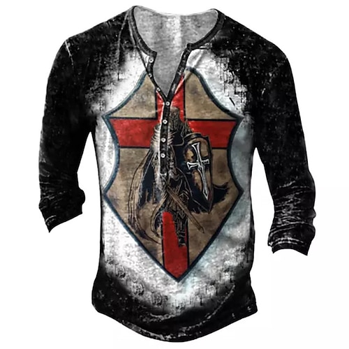 

Hombre Henley Shirt Camiseta Tee Graphic Cruz Templaria Soldier Henley Negro Impresión 3D Talla Grande Exterior Diario Manga Larga Abotonar Estampado Ropa Básico Design Clásico Cómodo