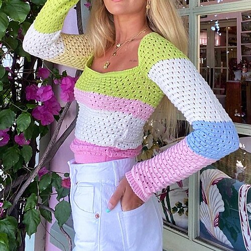 

Women's Pullover Sweater Jumper Crochet Knit Cropped Knitted Hole Color Block Square Neck Stylish Casual Daily Holiday Fall Winter Purple S M L / Long Sleeve / Going out / Loose