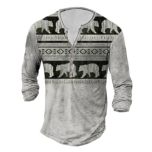 

Men's T shirt Tee Henley Shirt Tee Graphic Animal Henley Gray Long Sleeve 3D Print Plus Size Outdoor Daily Button-Down Print Tops Basic Classic Comfortable Big and Tall / Sports