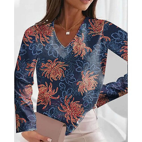 

Women's Shirt Floral Holiday Weekend Floral Shirt Long Sleeve Print V Neck Casual Streetwear Navy Blue S / 3D Print