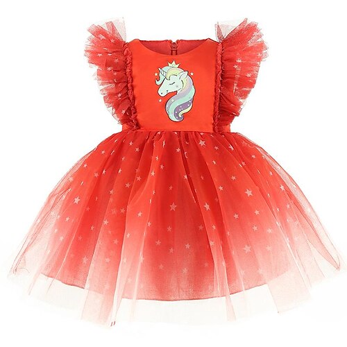 

Kids Girls' Dress Unicorn A Line Dress Asymmetrical Dress Performance Cotton Short Sleeve Princess Dress 2-6 Years Winter Red