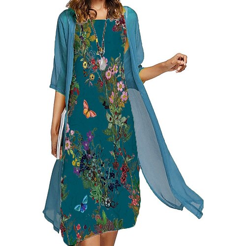 

Mujer Vestido informal Vestido de dos piezas Vestido de raso Vestido Midi Azul Real Verde Oscuro Morado Media Manga Floral Estampado Verano Primavera Cuello Barco Elegante Holgado 2023 S M L XL XXL