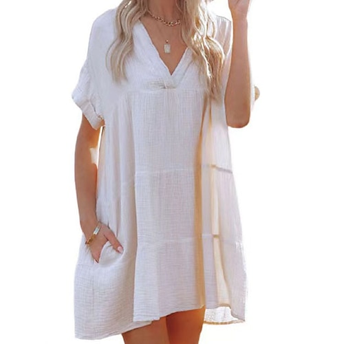 

Women's Casual Dress Linen Dress Sundress Mini Dress Light Blue White Short Sleeve Pure Color Ruched Spring Summer V Neck Loose Fit 2022 S M L XL XXL 3XL