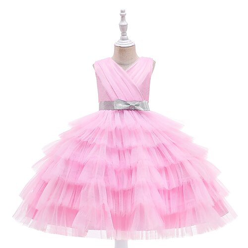 

Kids Girls' Dress Solid Colored Tulle Dress Knee-length Dress Party Bow Sleeveless Cute Dress 2-6 Years Spring Multicolor Pink Champagne