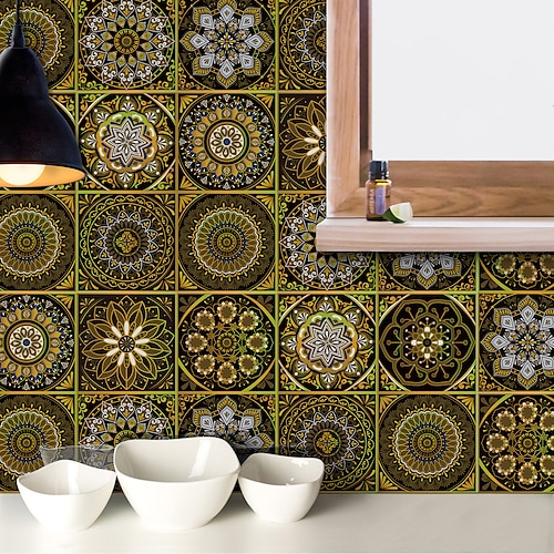 

For Kitchen Oil-proof And Waterproof Tile Stickers Crystal Film Amber Yellow-green Mandala Pattern Tile Renovation Thickened Wall Stickers