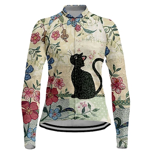 

21Grams Women's Cycling Jersey Long Sleeve Bike Top with 3 Rear Pockets Mountain Bike MTB Road Bike Cycling Breathable Quick Dry Moisture Wicking White Cat Floral Botanical Spandex Polyester Sports