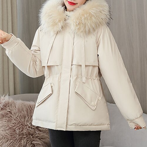 

Women's Down Jacket Winter Jacket Winter Coat Warm Comfortable School Outdoor Vacation Going out Pocket Fur Collar Fleece Lined Zipper Hoodie Active Comfortable Street Style Preppy Style Solid Color