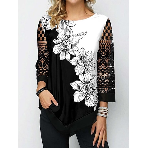 

Women's Blouse Shirt Blue White Black Floral Lace Patchwork 3/4 Length Sleeve Holiday Weekend Streetwear Casual Round Neck Regular Floral S / 3D Print / Print