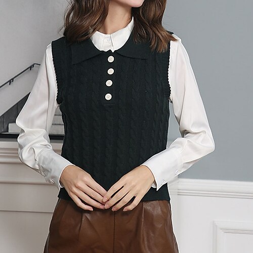 

Women's Sweater Vest Jumper Cable Knit Knitted Button Solid Color Crew Neck Stylish Casual Daily Going out Fall Winter Green Black S M L / Sleeveless