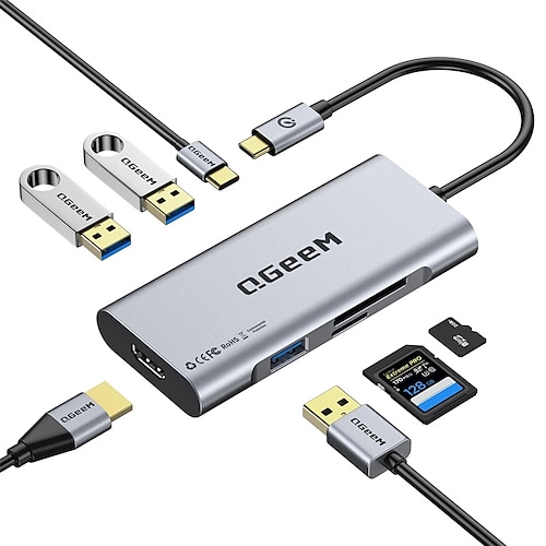 

USB C Hub QGeeM 7 in 1 Type C to HDMI 4k Adapter USB C Multiport Dongle Dockwith USB 3.0100W PDCard Readers Compatible with MacBook Pro (Thunderbolt 3) Ipad Pro Chromebook Xps 13/15