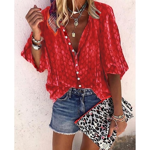 

Mujer Camisa Blusa Rojo Azul Piscina Naranja Geométrico Manga Larga Casual Diario Vintage Tropical Boho Cuello Camisero M