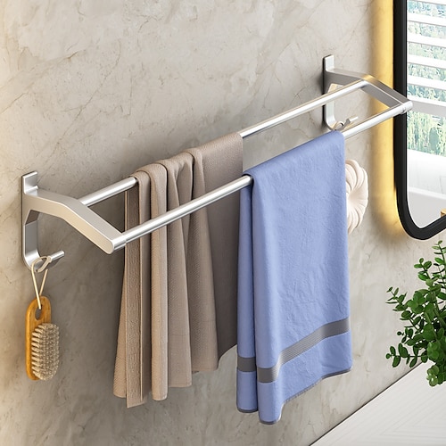 

No Punching Silver Towel Rack Space Aluminum Wall Hanging Toilet Bathroom Hardware Pendant Bathroom Bathroom Double Pole Towel Bar