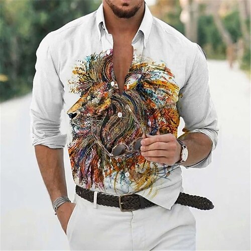

Men's Shirt 3D Print Lion Animal Turndown Street Casual Button-Down Print Long Sleeve Tops Casual Fashion Breathable White