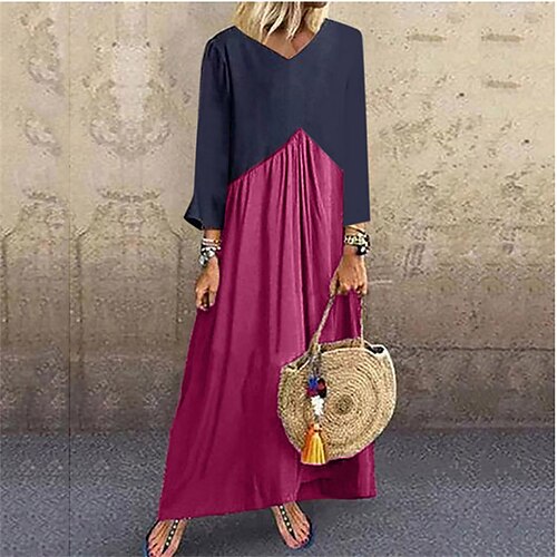 

Women's Casual Dress A Line Dress Maxi long Dress Army Green Fuchsia Brown Light Blue 3/4 Length Sleeve Color Block Patchwork Fall Winter V Neck Basic Casual 2022 S M L XL XXL / Cotton