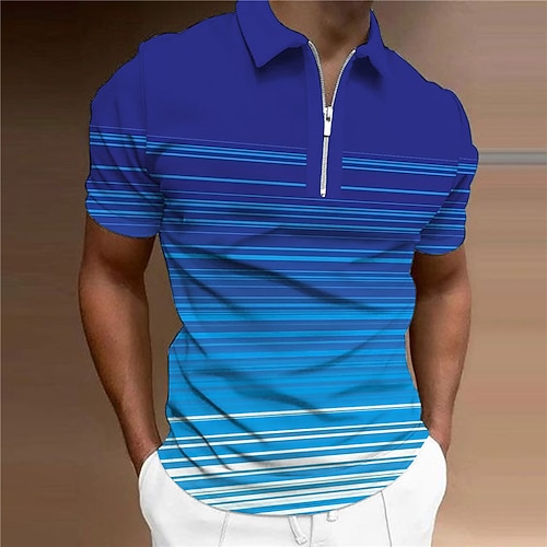 

Men's Collar Polo Shirt Golf Shirt Striped Turndown Blue 3D Print Outdoor Street Short Sleeves Zipper Print Clothing Apparel Fashion Designer Casual Breathable / Summer / Spring / Summer