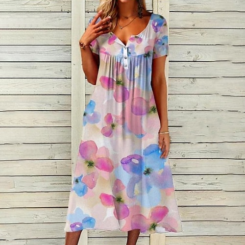 

Women's Swing Dress Midi Dress Blue Pink Short Sleeve Floral Pocket Button Print Spring Summer V Neck Stylish Casual Loose 2022 S M L XL XXL 3XL