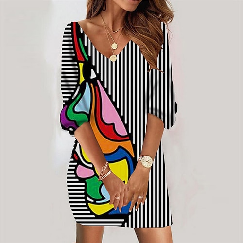 

Women's Casual Dress Bodycon Sheath Dress Mini Dress Black Rainbow White 3/4 Length Sleeve Abstract Print Winter Fall Autumn V Neck Loose Fit 2022 S M L XL XXL 3XL